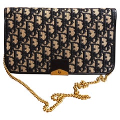 CHRISTIAN DIOR Marineblaue Trotter Jacquard-Umhängetasche mit Kette