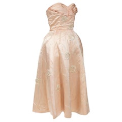 Vintage A Satin Embroidered Ball Gown by Harvey Berin Designed by Karen Stark Circa 1955