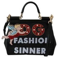 Dolce & Gabbana Black Leather Sicily Angel Fashion Sinner Handbag Shoulder Bag