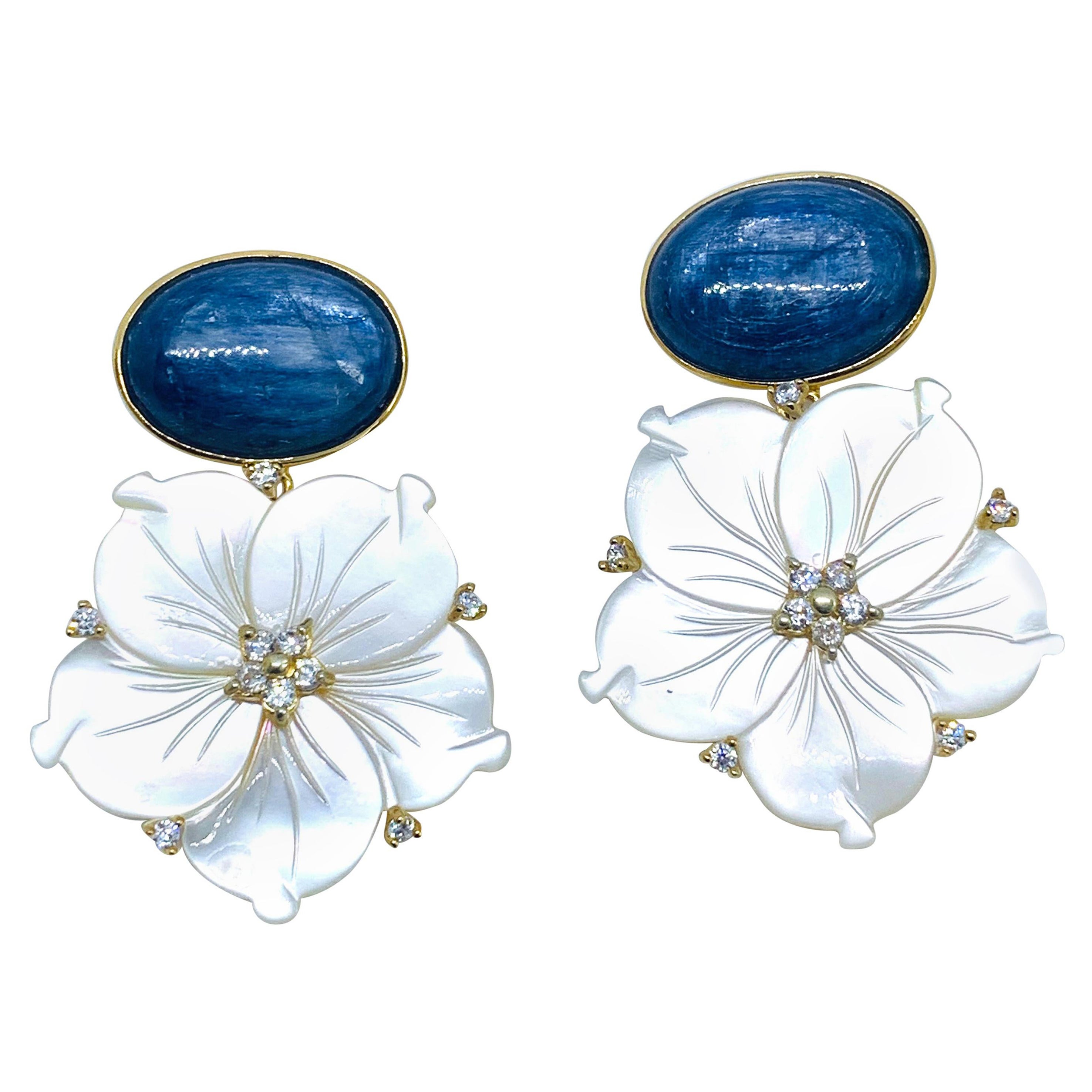 Bijoux Num Oval Kyanite and Carved Mother of Pearl Flower Drop Vermeil Earrings