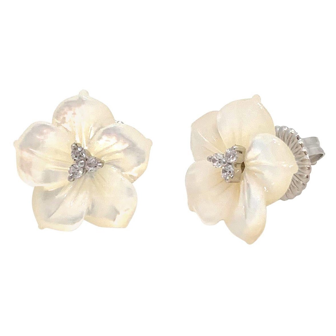 18mm Carved Mother of Pearl Flower Sterling Silver Earrings For Sale