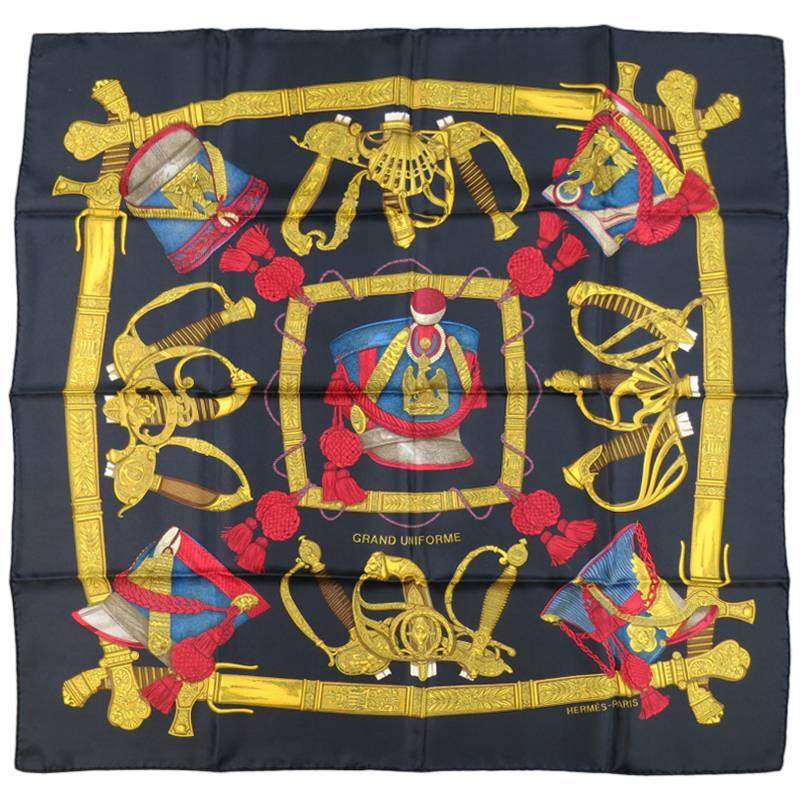 HERMES Black Silk Grand Uniforme Silk Scarf