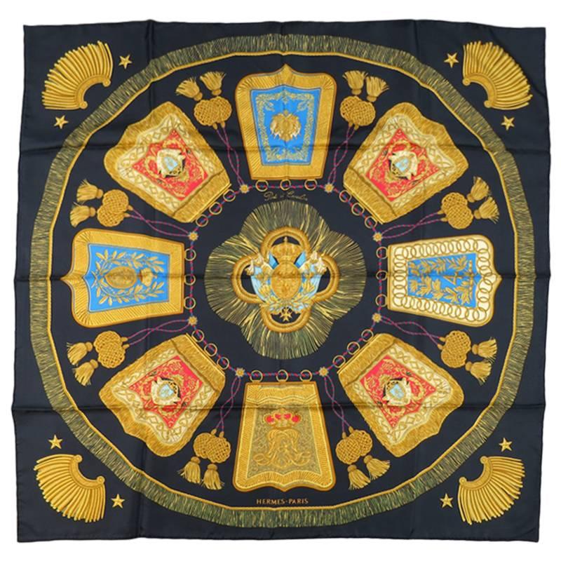 HERMES Black Silk Poste Et Cavalerie Silk Scarf