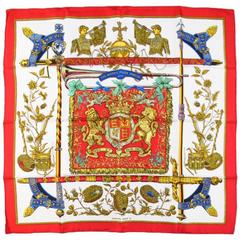 HERMES Red Silk The Queen's Silver Jubilee 1977 Silk Scarf