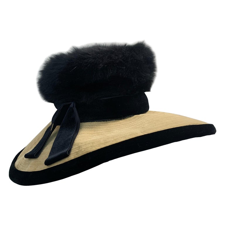 1960s Doris Portrait Hat in Black & Ecru Velvet w/ Angora Fur Felt Crown For Sale
