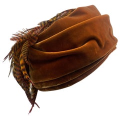 Retro 1960s Golden Caramel Velvet Turban Hat w/ Stunning Pheasant Feather Cascade