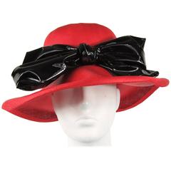 Vintage 1960s Red Mod Straw Black Bow Derby Hat 5