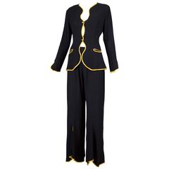 Vintage Ossie Clark Black Moss Crepe w/Yellow Silk Trim Jacket Top Pant Ensemble