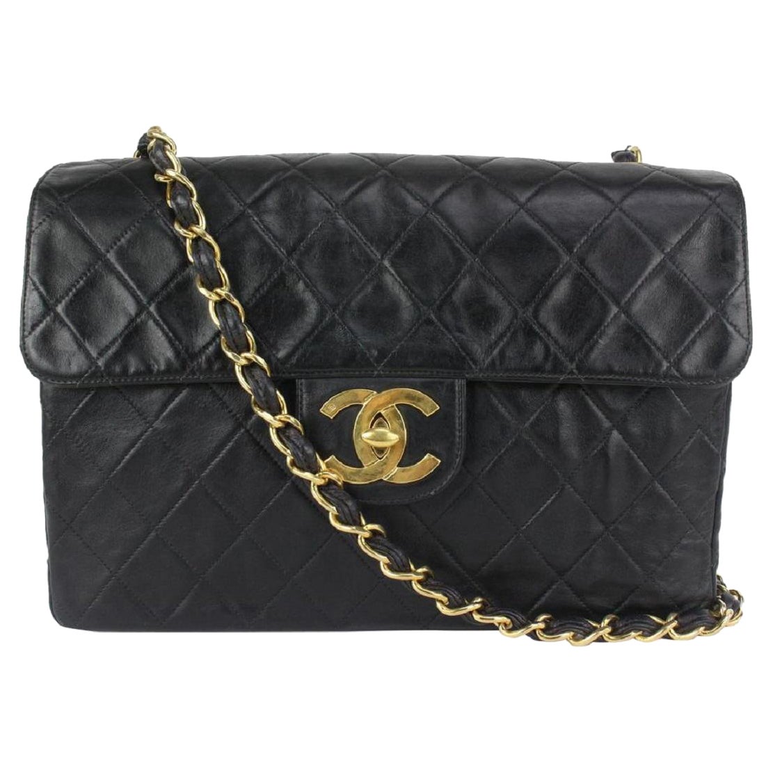 Chanel XL Black Quilted Lambskin Classic Single Flap Gold Chain Bag 144c729 For Sale