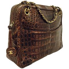 Vintage 1980s New Chanel Brown Crocodile Camera Bag Serial Number 0430072