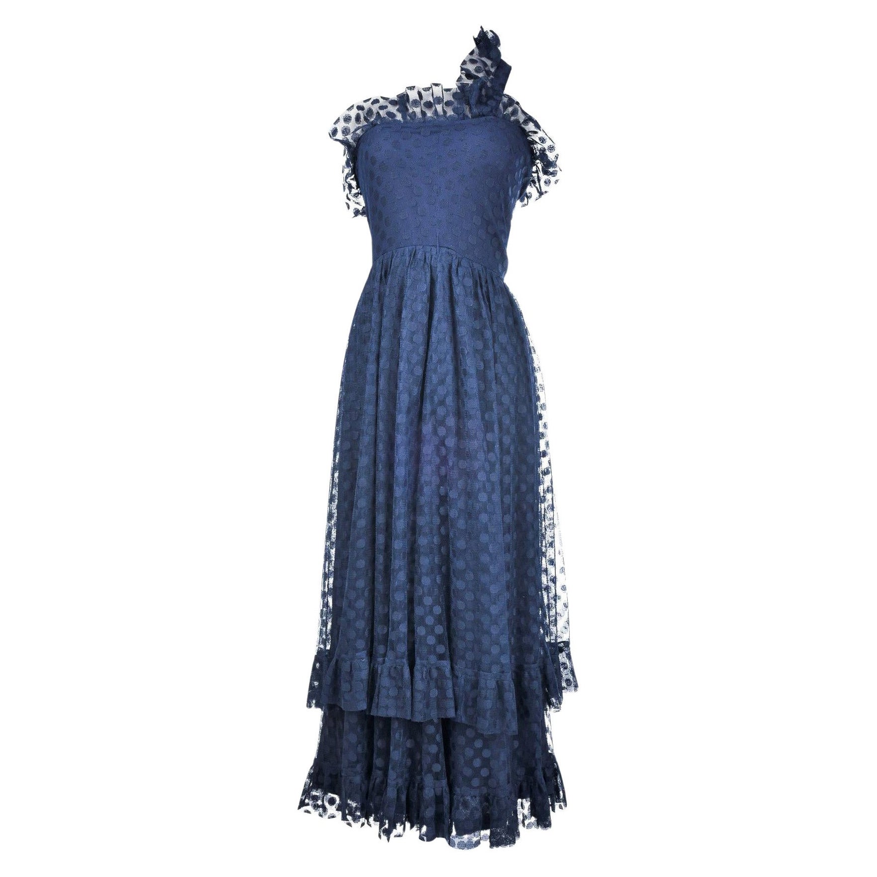 Una velada Jean-Louis Sherrer  Vestido de Red de Lunares Azul Marino Circa 1980 en venta