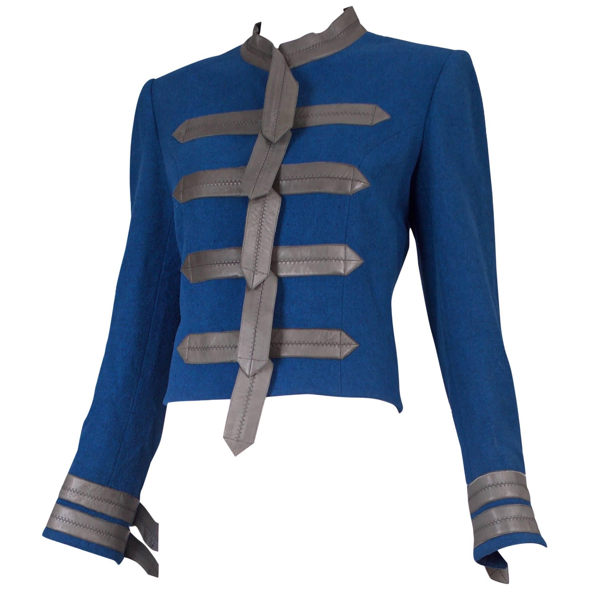 Vintage Loulou De La Falaise Blue Wool Cropped Military Jacket w/Leather Trim
