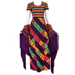 1970's Lanvin Textured Pique Cotton Geometric Print Maxi Dress w/Matching Scarf