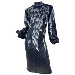 1970s Halston Beaded Black Iridescent Sequin Waterfall Feather Print 70s Dress