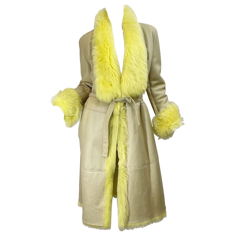 1990s Gianni Versace Tan Leather Yellow Shearling Fur Vintage Trench Coat Jacket For Sale