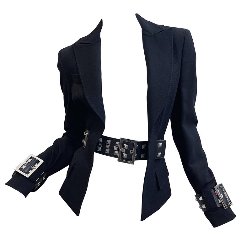 Gianni Versace 2000s Y2K Bondage Inspired Size 44 / 8 Belted Blazer Jacket For Sale