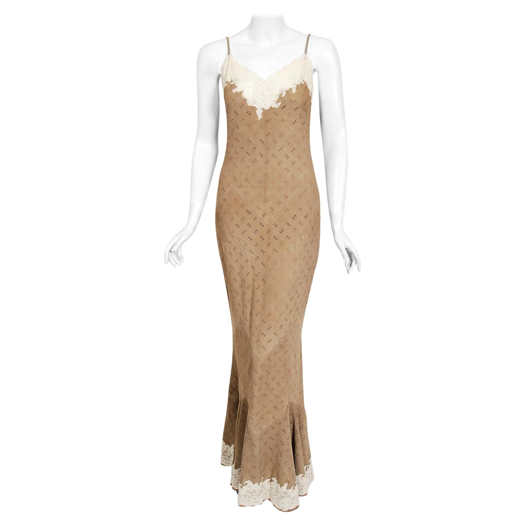 Vintage 1999 Christian Dior by Galliano Suede Lace Bias-Cut Slip Gown and Jacket For Sale