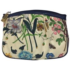 Retro Gucci 80's Floral and Navy Leather Trim Pouch