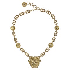 Early 1990s Gianni Versace Gold Medusa Medallion Greek Key Chain Belt Necklace