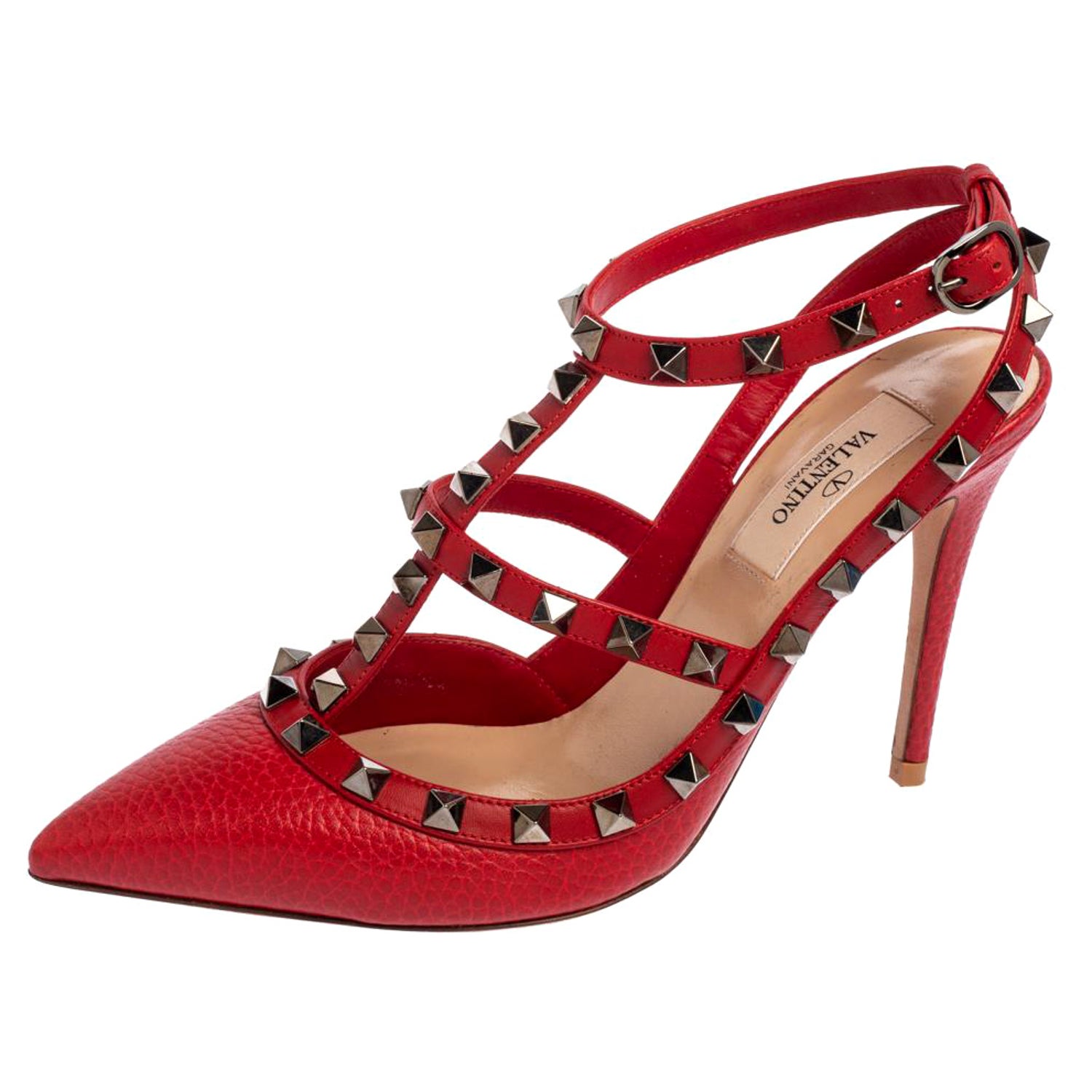 Valentino Red Leather Rockstud Pointed Toe Ankle Strap Sandals Size 36.5  For Sale at 1stDibs