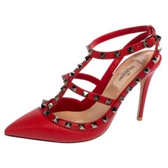 Valentino Red Leather Rockstud Pointed Toe Ankle Strap Sandals Size 36.5