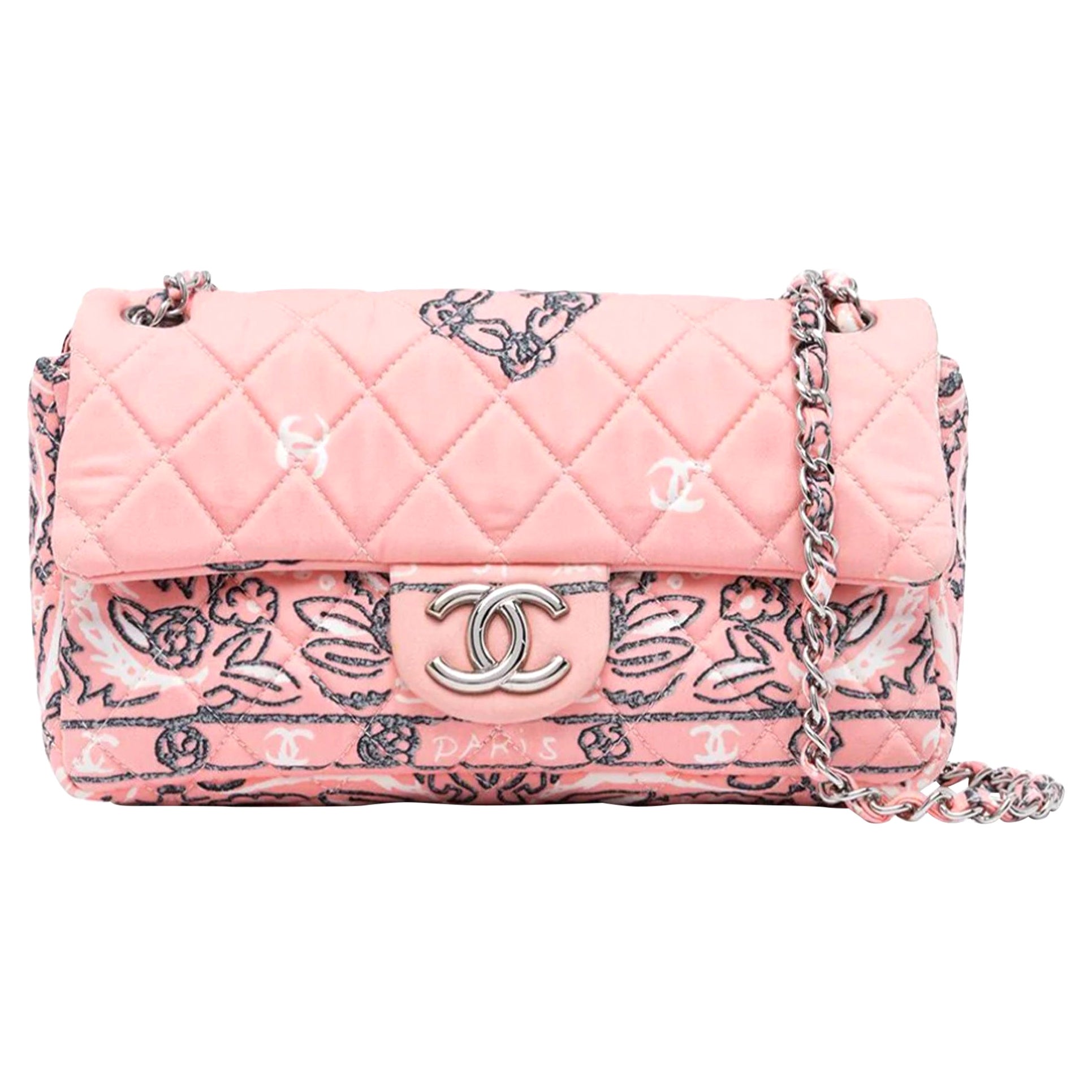Chanel Vintage Pink Quilted Flower Paisley Print Classic Flap Shoulder Bag