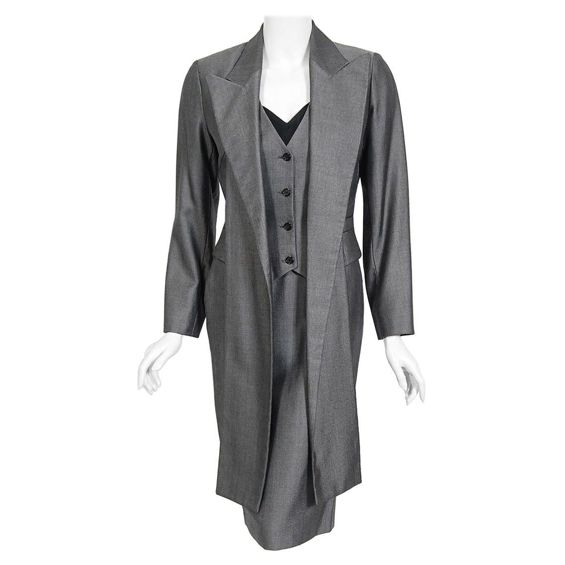 Vintage 1997 Alexander McQueen Gray Sharkskin Wool Hourglass Dress & Suit Jacket