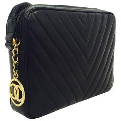 New Vintage Chanel Black Chevron Quilt Lambskin Camera Bag/Leather Straps