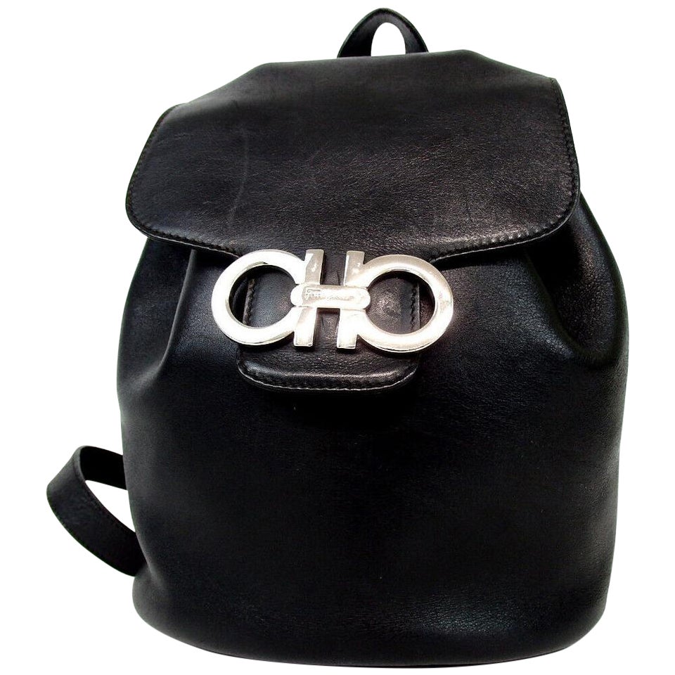 Salvatore Ferragamo Gancini Logo Mini Backpack Black Leather Bookbag 860480 