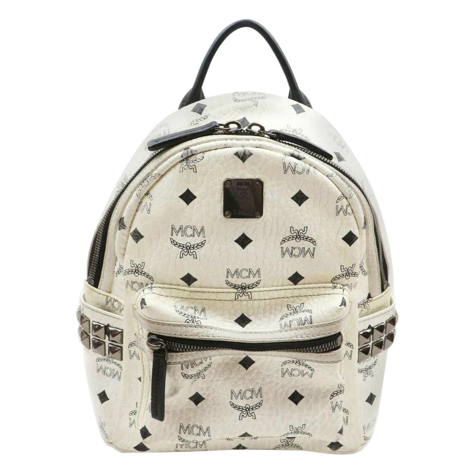 MCM White Small Monogram Studded Stark Backpack 861602 For Sale at 1stDibs