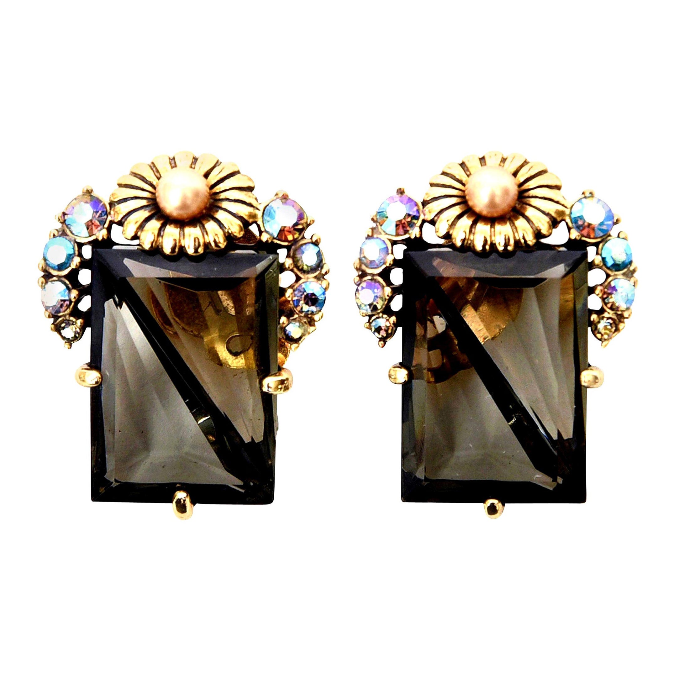 Elsa Schiaparelli Vintage Faceted Topaz Crystal Glass Clip on Earrings For Sale