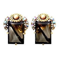 Elsa Schiaparelli Vintage Faceted Topaz Crystal Glass Clip on Earrings