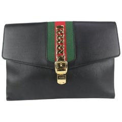 Gucci Black Leather Sylvie Maxi Clutch 93gk5