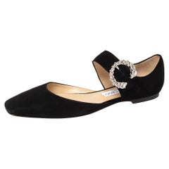 Jimmy Choo Black Suede Gin Crystals D' Orsay Flats Size 38.5