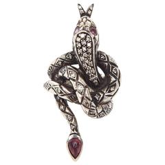 Vintage Tourmaline, Ruby 14-Karat G, Diamond and Sterling Silver Serpent Ring