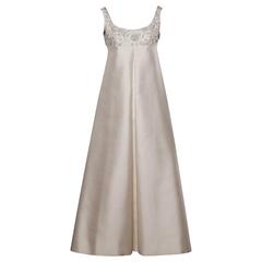 1960s Vintage Silk Shantung White Beaded Sequin + Rhinestone Formal Gown 5