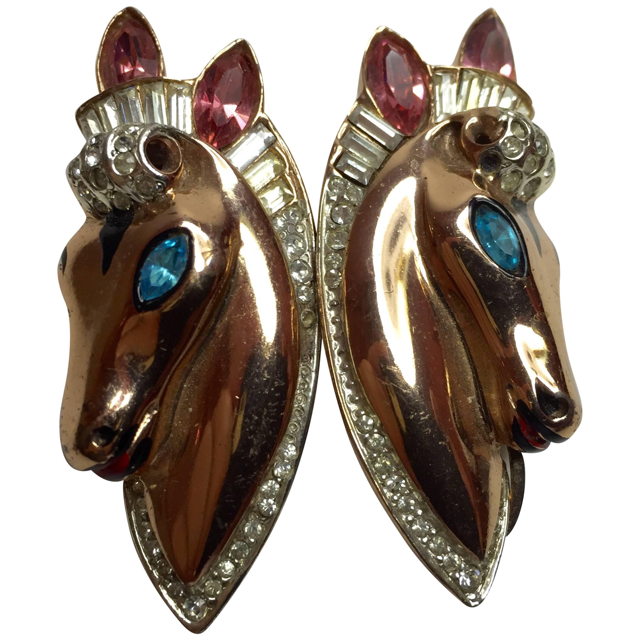 COROCRAFT Sterling Pink Gold Washed Art Deco Horse Brooch Clips DUETTE For Sale