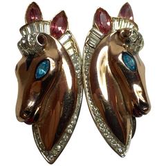 COROCRAFT Sterling Pink Gold Washed Art Deco Horse Brooch Clips DUETTE