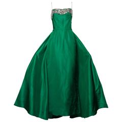 Stunning 1950s Vintage Beaded Sequin Green Silk Gown with Huge Train