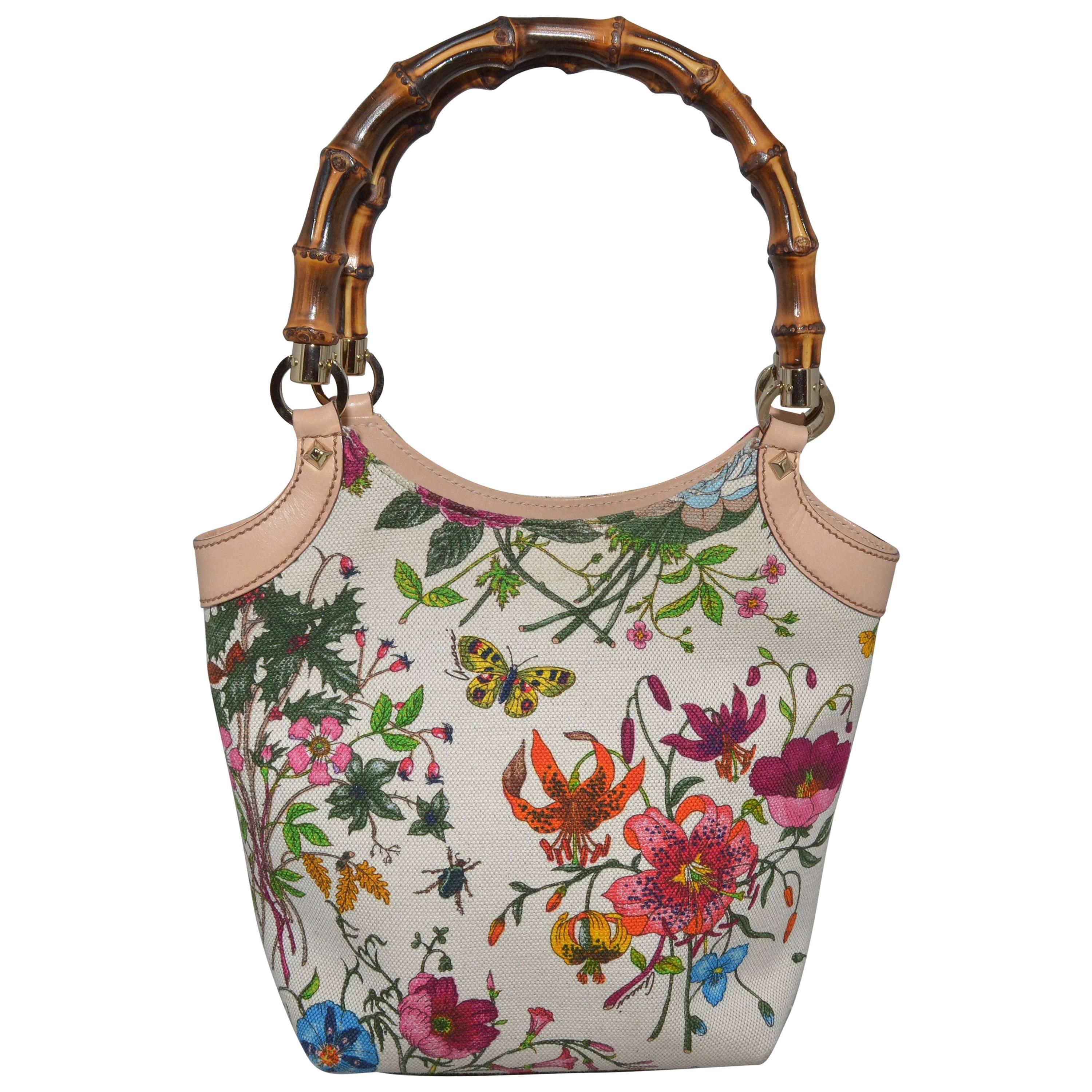 Gucci Blooms Floral & Insect Print Canvas Bamboo Handle Handbag