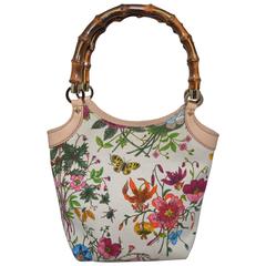 Gucci Blooms Floral & Insect Print Canvas Bamboo Handle Handbag