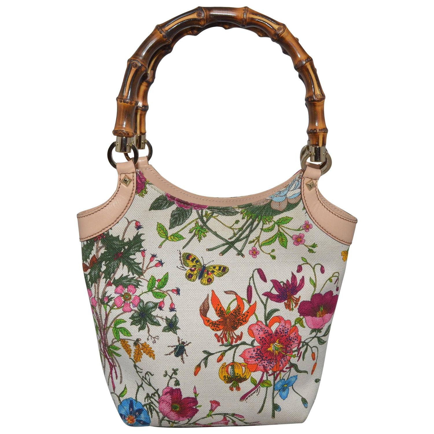 Gucci Blooms Floral and Insect Print Canvas Bamboo Handle Handbag at 1stdibs