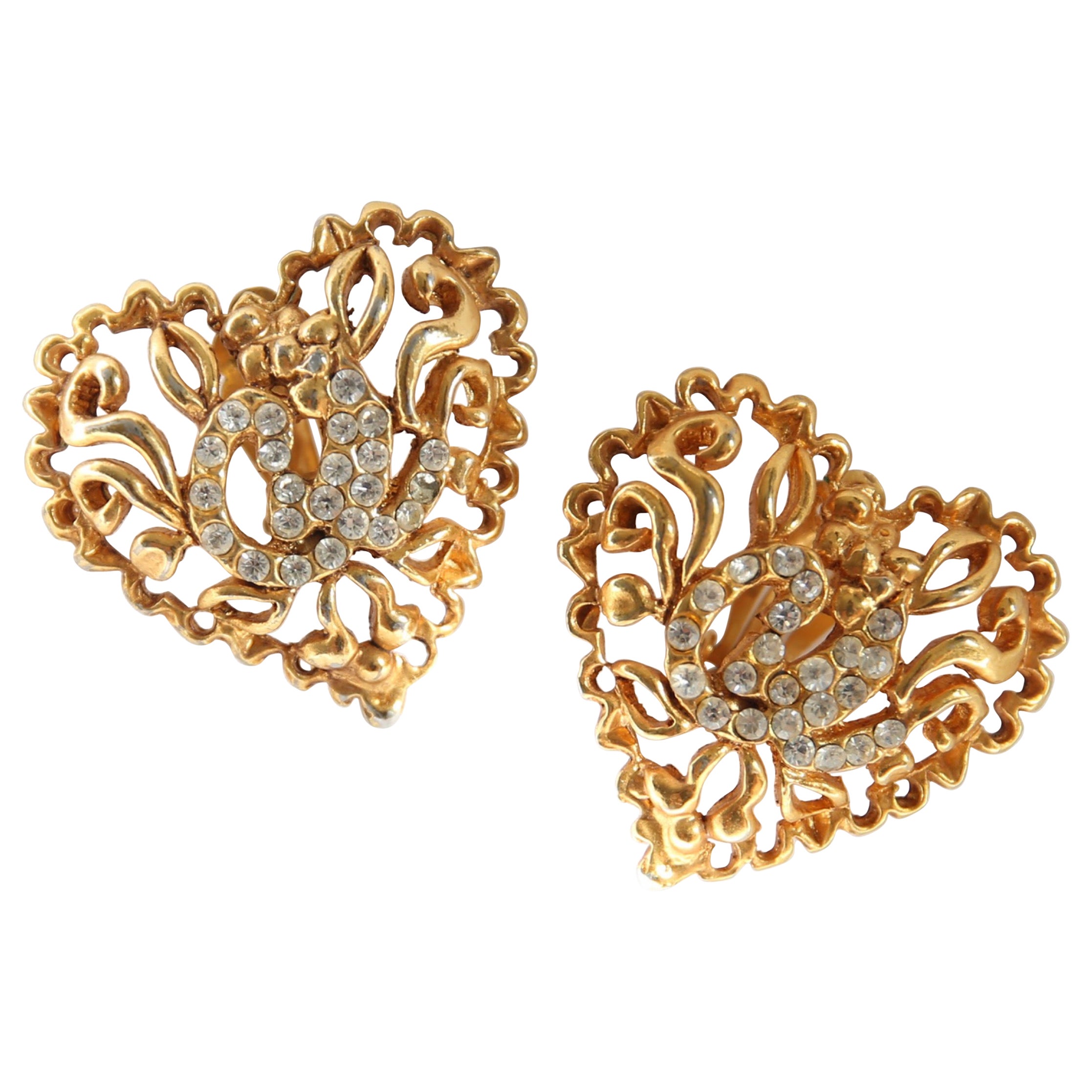 Christian Lacroix heart shaped filagree gold crystal clip on oversized earrings