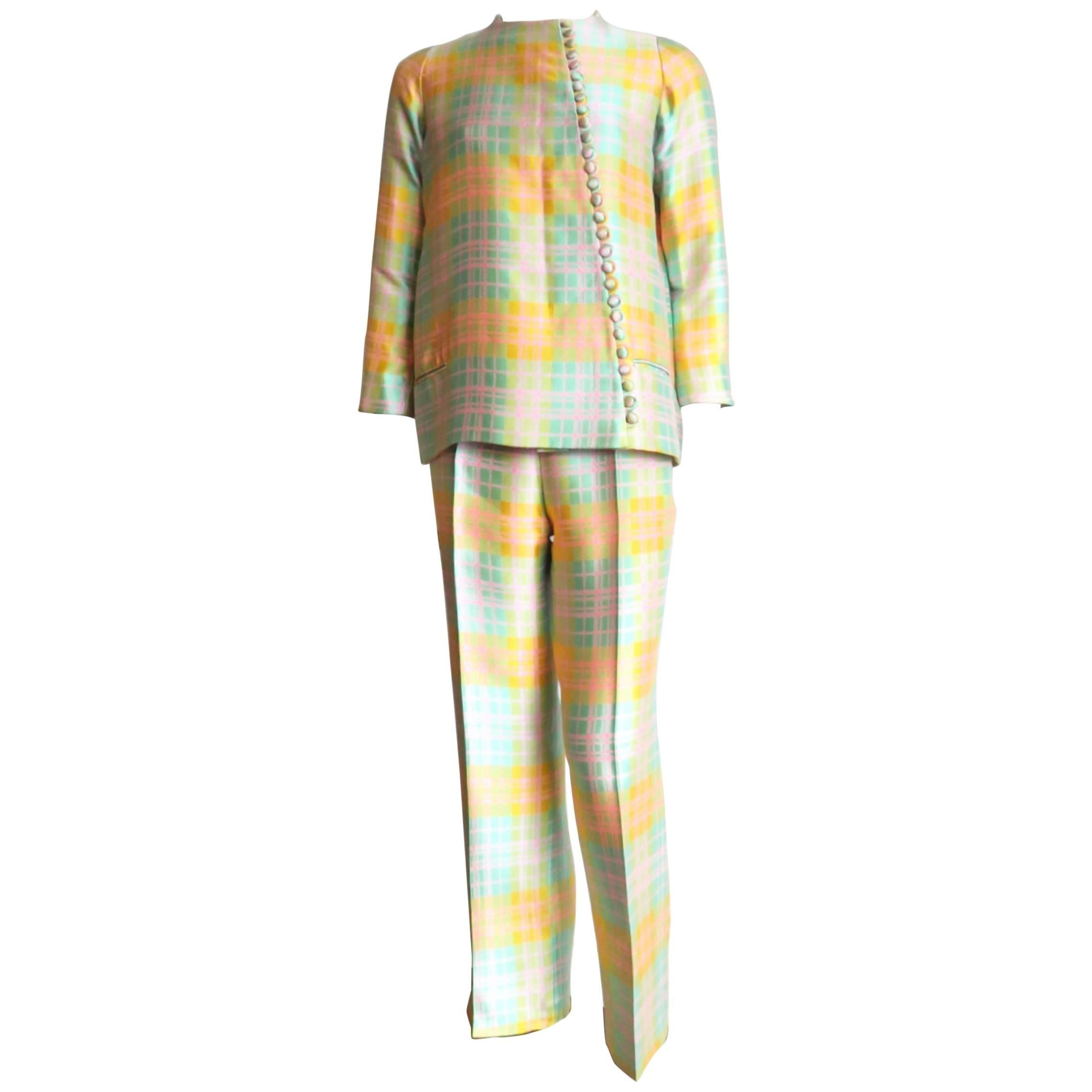 1970's DONALD BROOKS Silk jacket & pant set For Sale