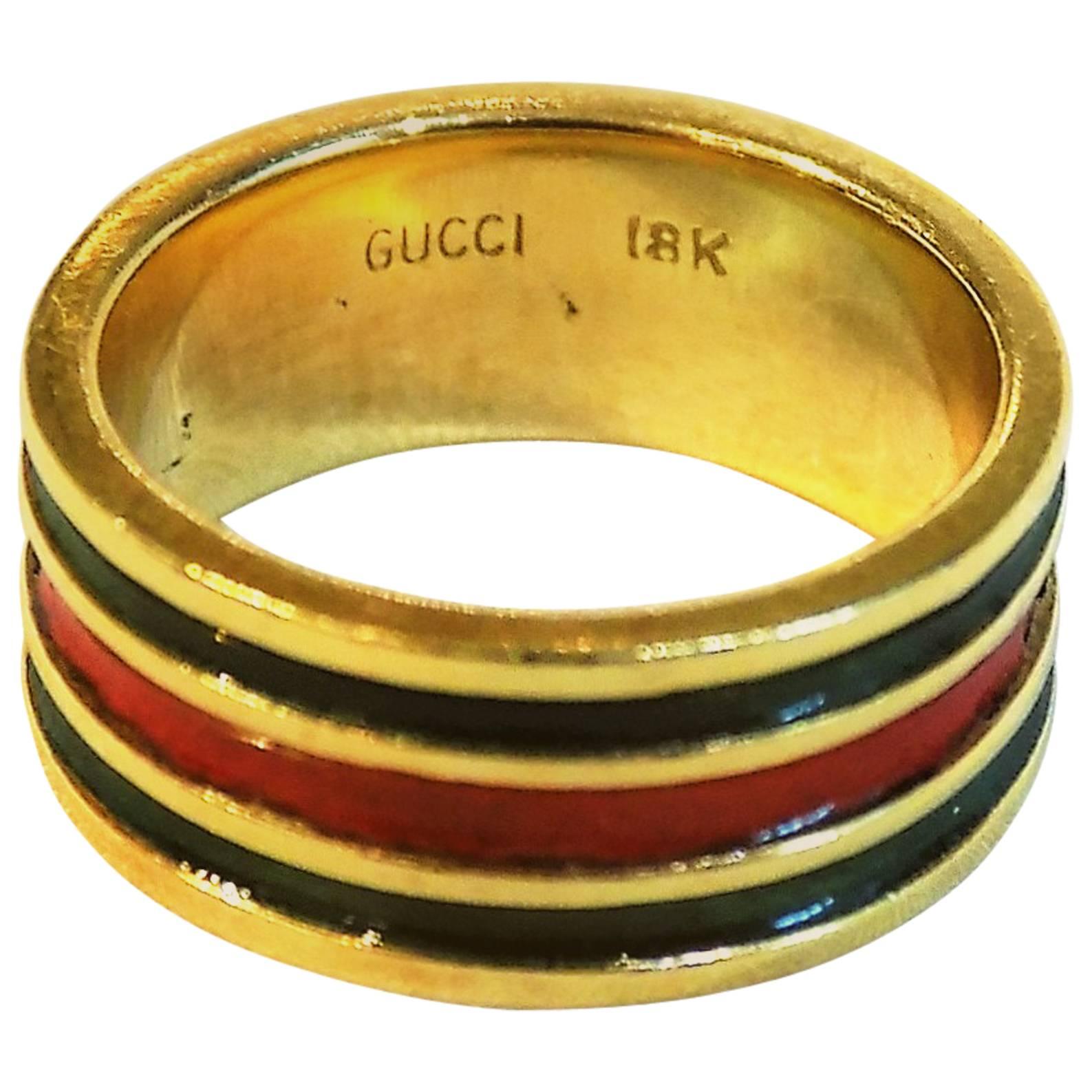 Gucci Vintage red and green Enamel Gold Band Ring Circa For Sale