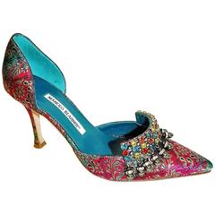Manolo Blahnik worn once brocade jeweled evening shoes size 37 at 1stDibs
