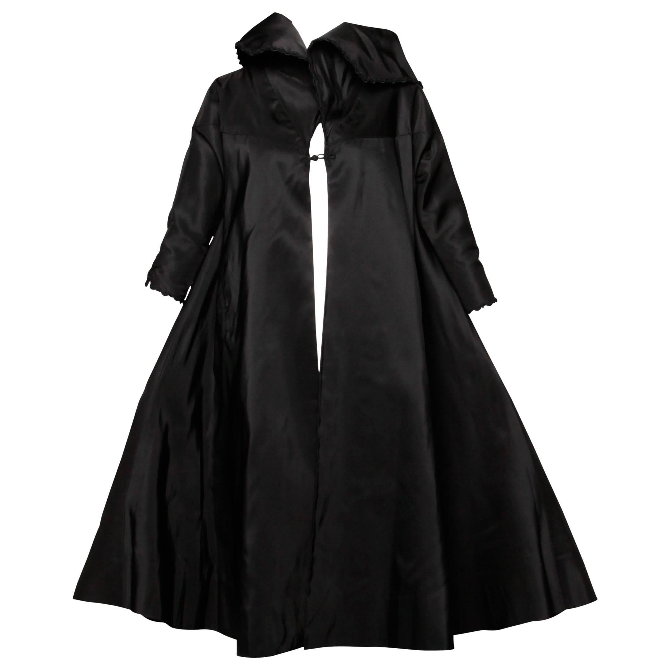 1960s Vintage Black Silk Satin Swing Coat with a Huge Sweep and 