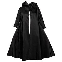 1960s Vintage Black Silk Satin Swing Coat with a Huge Sweep and Massive Collar