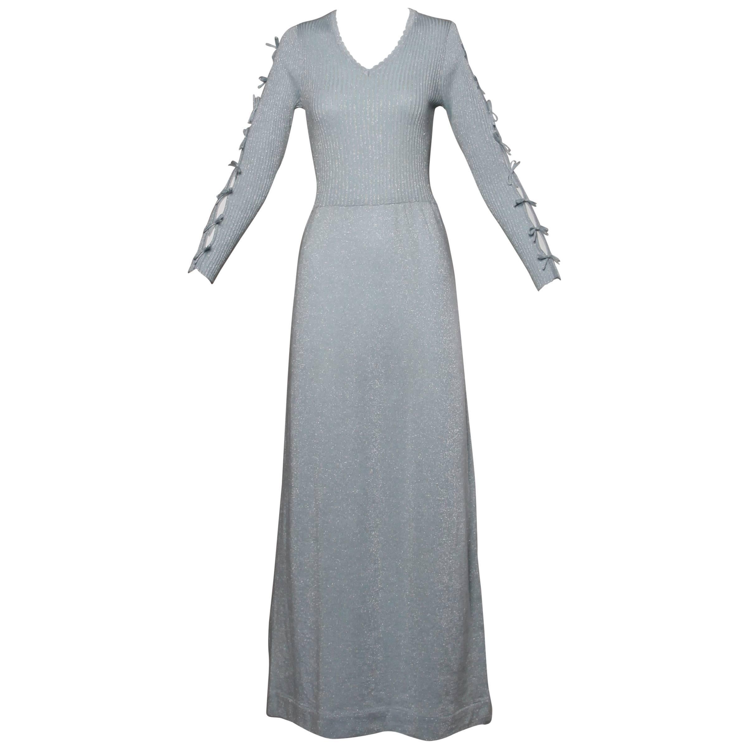 1960s Banff Ltd. by Gianni Ferri Italian Wool Metallic Ice Blue Knit Maxi Dress