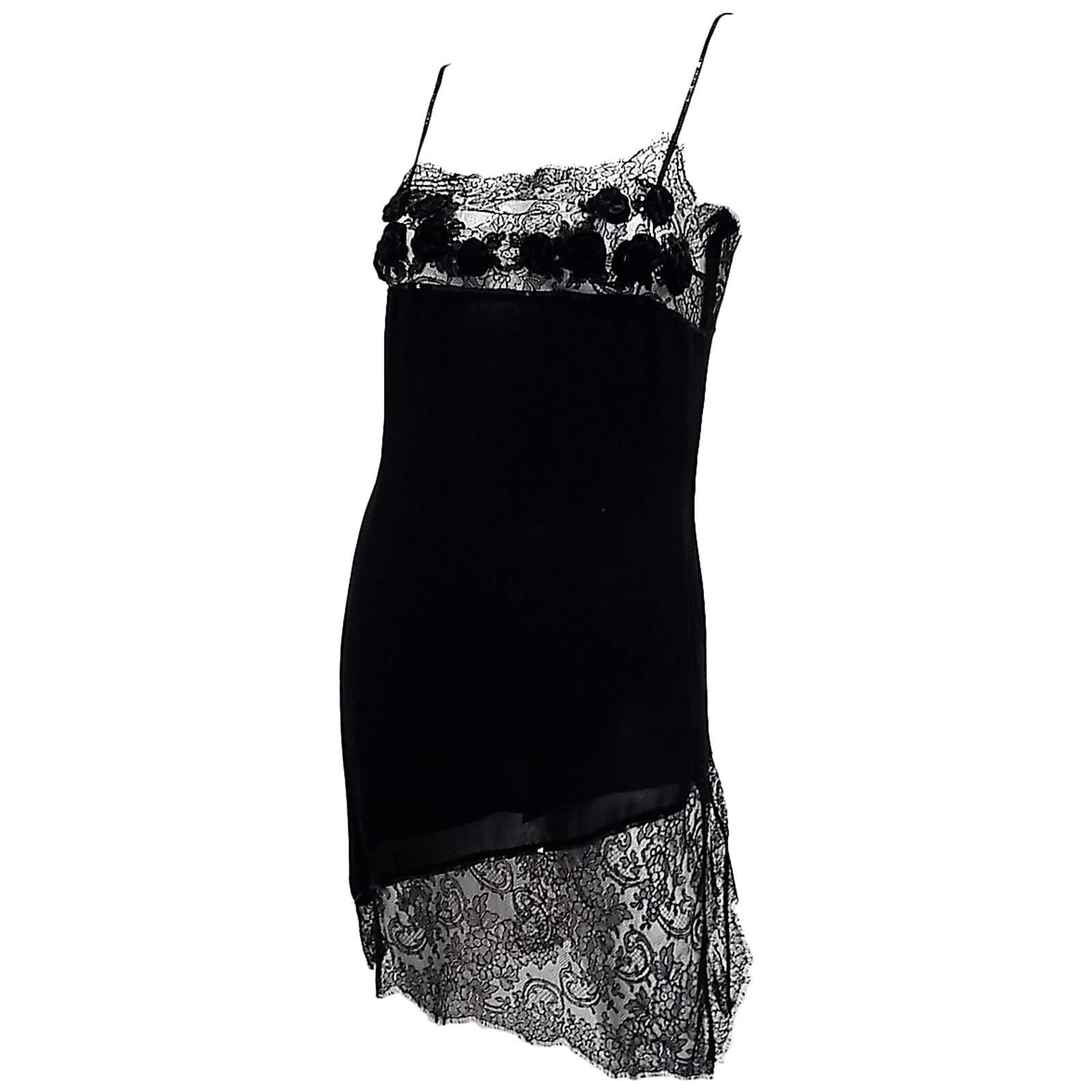 Blumarine sexy black mini slip silk lace  dress For Sale